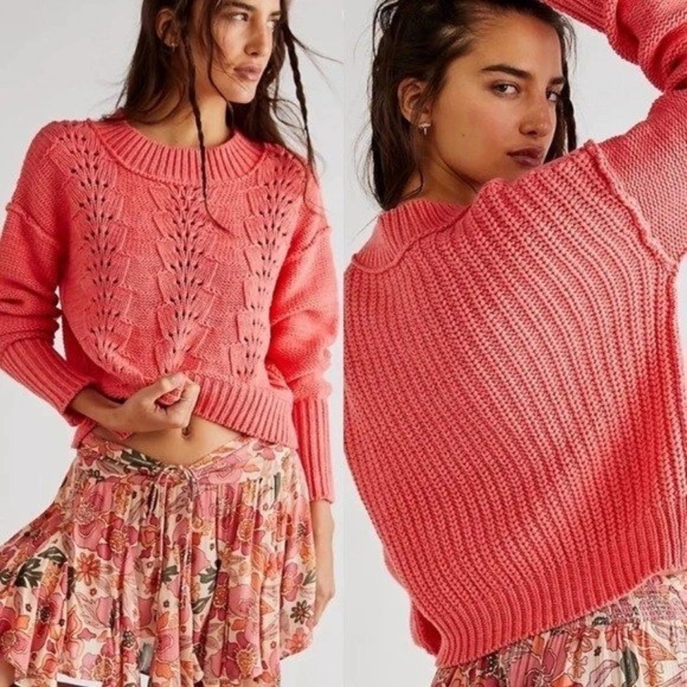 Free People Bell Song Pullover‎ Women XS Lyra Reef Pink Pointelle Knit Sweater
